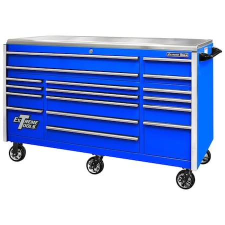 Extreme Tools Roller Cabinet, 17 Drawer, Blue/Chrome, 72 in W x 30 in D EX7217RCQBLCR